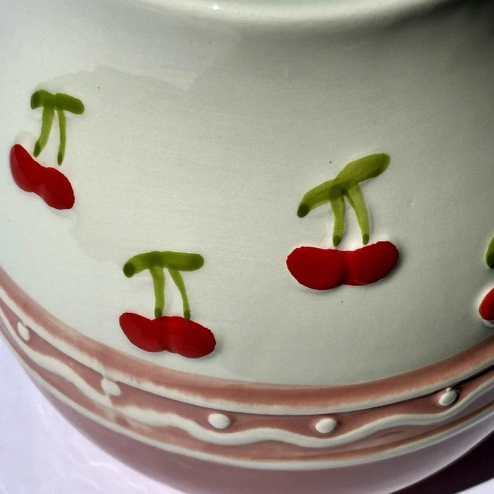 Cherry Ceramic Pitcher Pink White Milk Jug Cottagecore Coquette Kitchen Decor